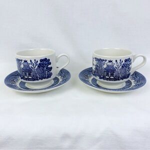 Vintage Churchill England Blue Willow Teacup & Saucer Sets (2 sets)